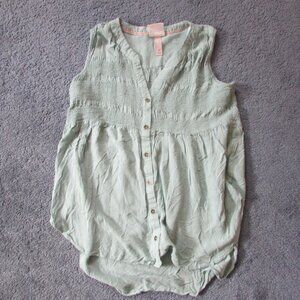 Knox Rose Seafoam Green Medium Button Front Tank Top Elastic Pleated Upper EUC